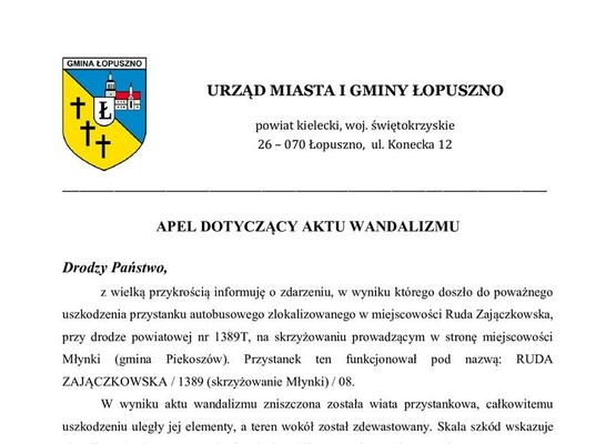 Apel Burmistrza Miasta i Gminy Łopuszno