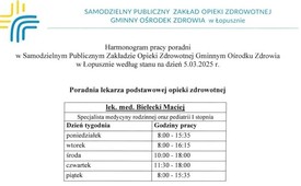 Harmonogram pracy poradni w Samodzielnym Publicznym Zakładzie Opieki Zdrowotnej Gminnym Ośrodku Zdrowia w Łopusznie