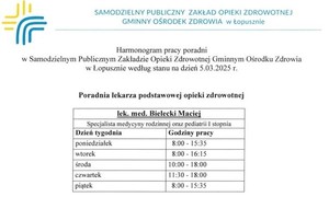 zdjecie na stronie o tytule: Harmonogram pracy poradni w Samodzielnym Publicznym Zakładzie Opieki Zdrowotnej Gminnym Ośrodku Zdrowia w Łopusznie